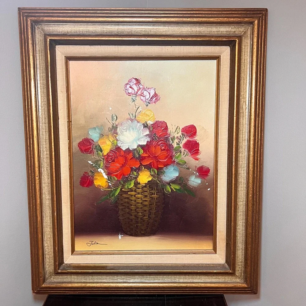 Vtg Signed Oil Painting Floral Still Life Basket Roses Gold Frame Cottagecore